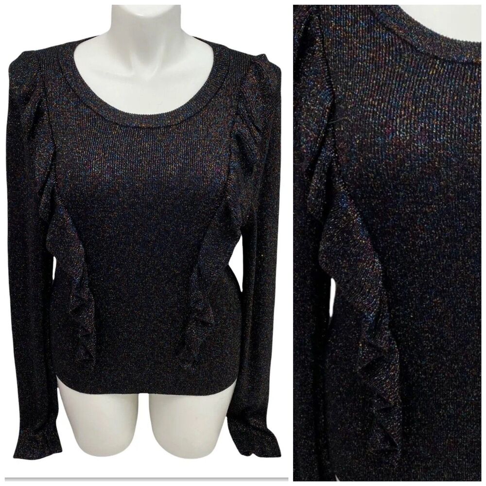 Forever 21 Sweater Women 3x Ruffle Ribbed Knit Metallic Holiday Work Party Black
